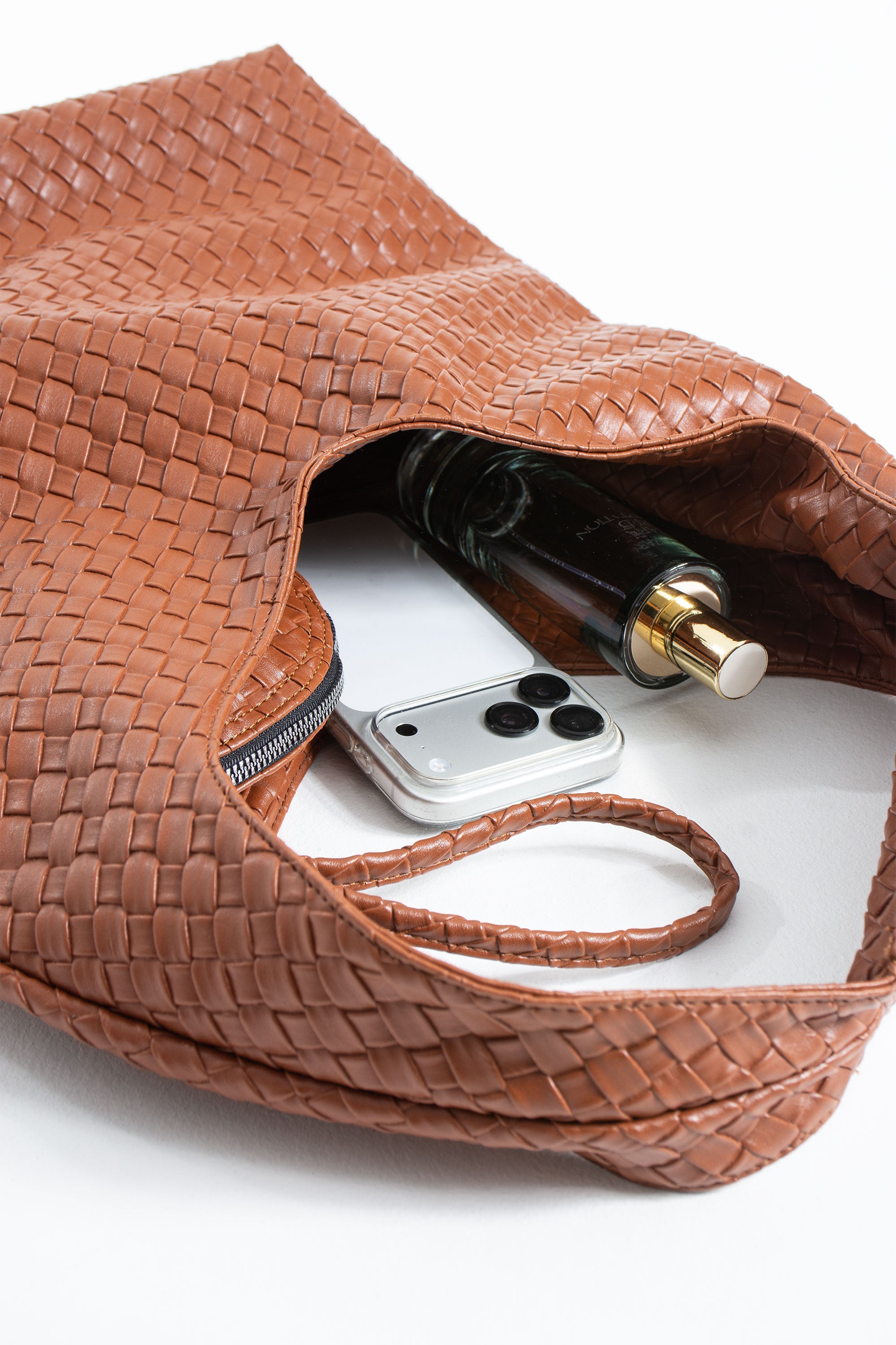 Woven Leather Slouchy Tote Bag with Matching Zipper Pouch 2PCS Set - Tan