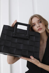 Braided Convertible Tote Bag with Detachable Crossbody Strap - Black