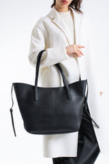 Pu Leather Large Tote Bag with Matching Zipper Pouch  2PCS Set - Black