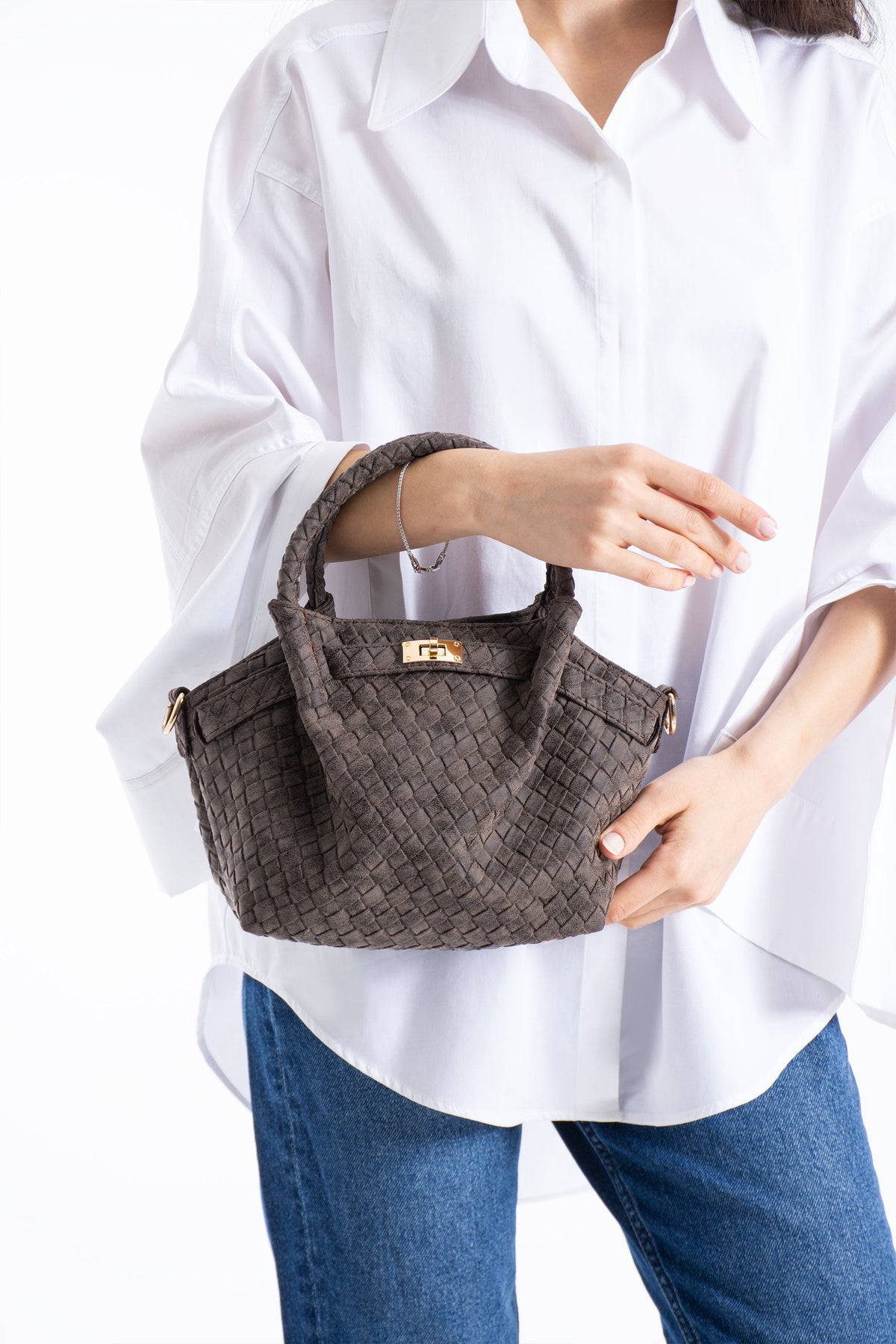 Woven Suede Top Handle Crossbody Bag with Twist Lock Detail - Brown