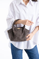 Woven Suede Top Handle Crossbody Bag with Twist Lock Detail - Brown