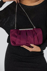 Pleated Satin Clutch Bag with Detachable Strap - Burgundy