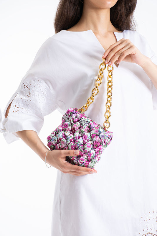 Floral Quilted Shoulder Grab  Bag with Gold Chain Strap - Multi