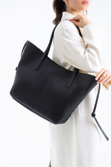 Pu Leather Large Tote Bag with Matching Zipper Pouch  2PCS Set - Black