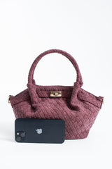 Woven Suede Top Handle Crossbody Bag with Twist Lock Detail - Burgundy