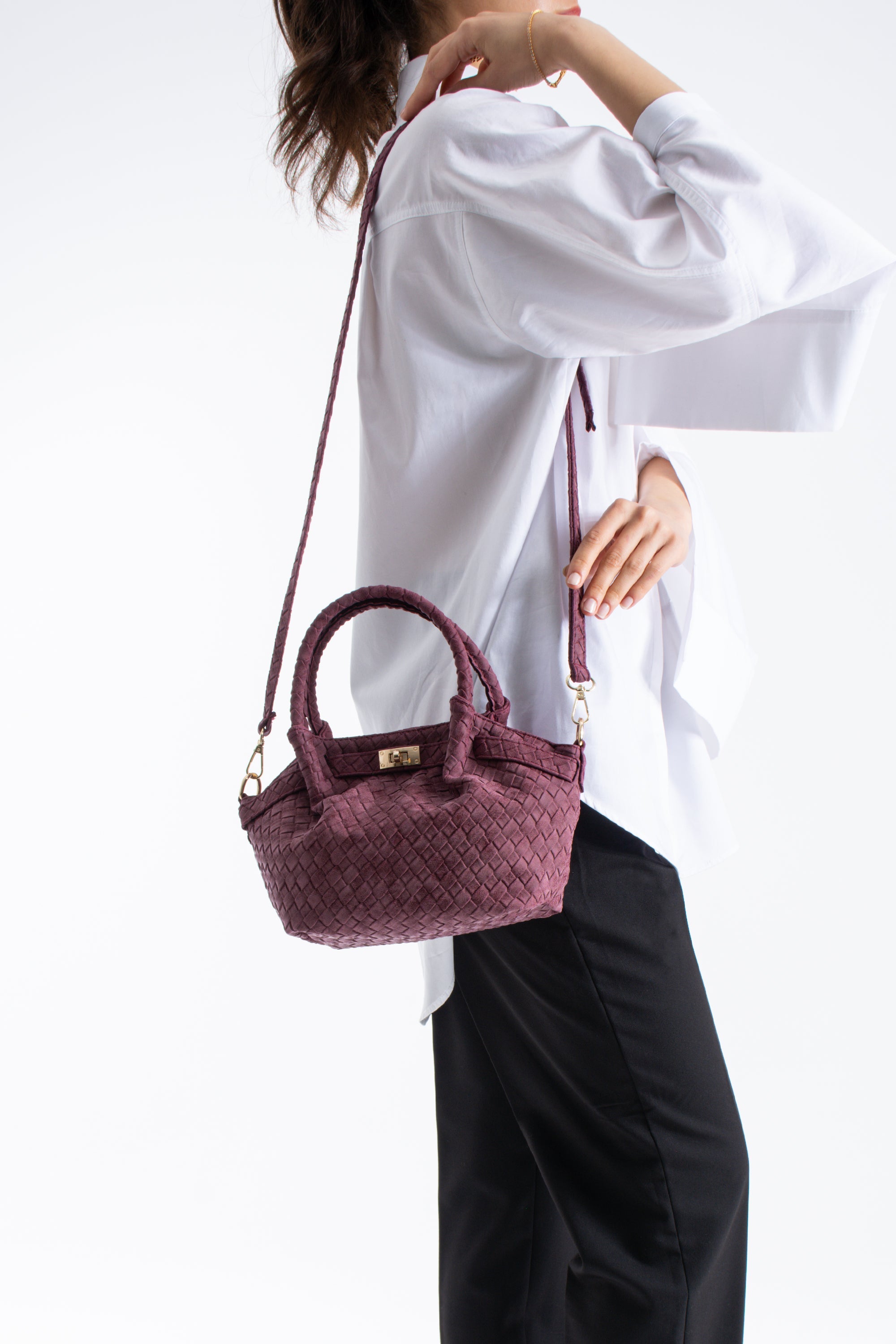 Woven Suede Top Handle Crossbody Bag with Twist Lock Detail - Burgundy
