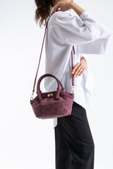 Woven Suede Top Handle Crossbody Bag with Twist Lock Detail - Burgundy
