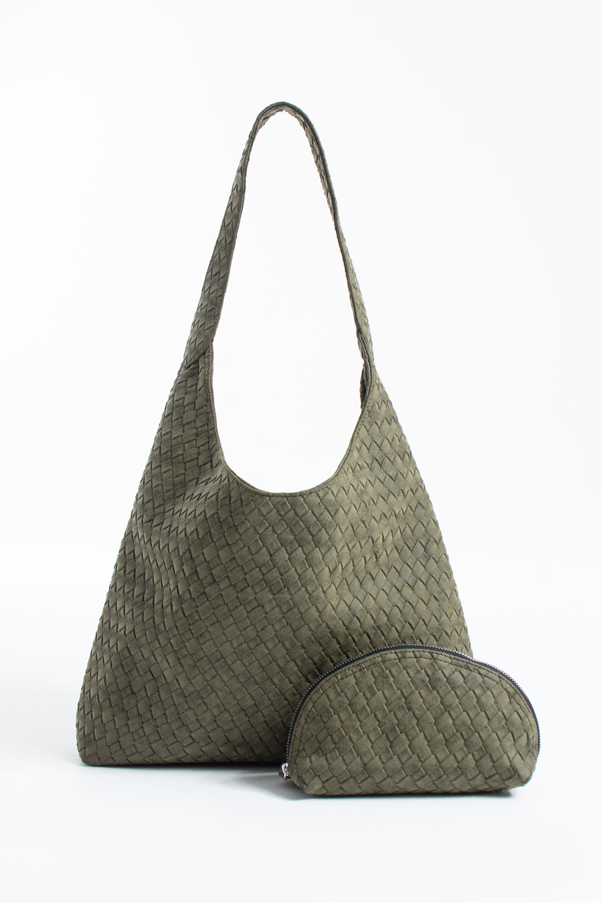 Woven Suede Slouchy Tote Bag with Matching Zipper Pouch 2PCS Set - Khaki