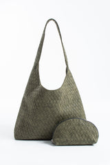 Woven Suede Slouchy Tote Bag with Matching Zipper Pouch 2PCS Set - Khaki