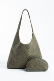 Woven Suede Slouchy Tote Bag with Matching Zipper Pouch 2PCS Set - Khaki
