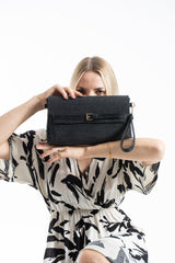 Woven Pu Leather Flap Closure Wristlet & Clutch&Crossbody  3-in-1 - Black