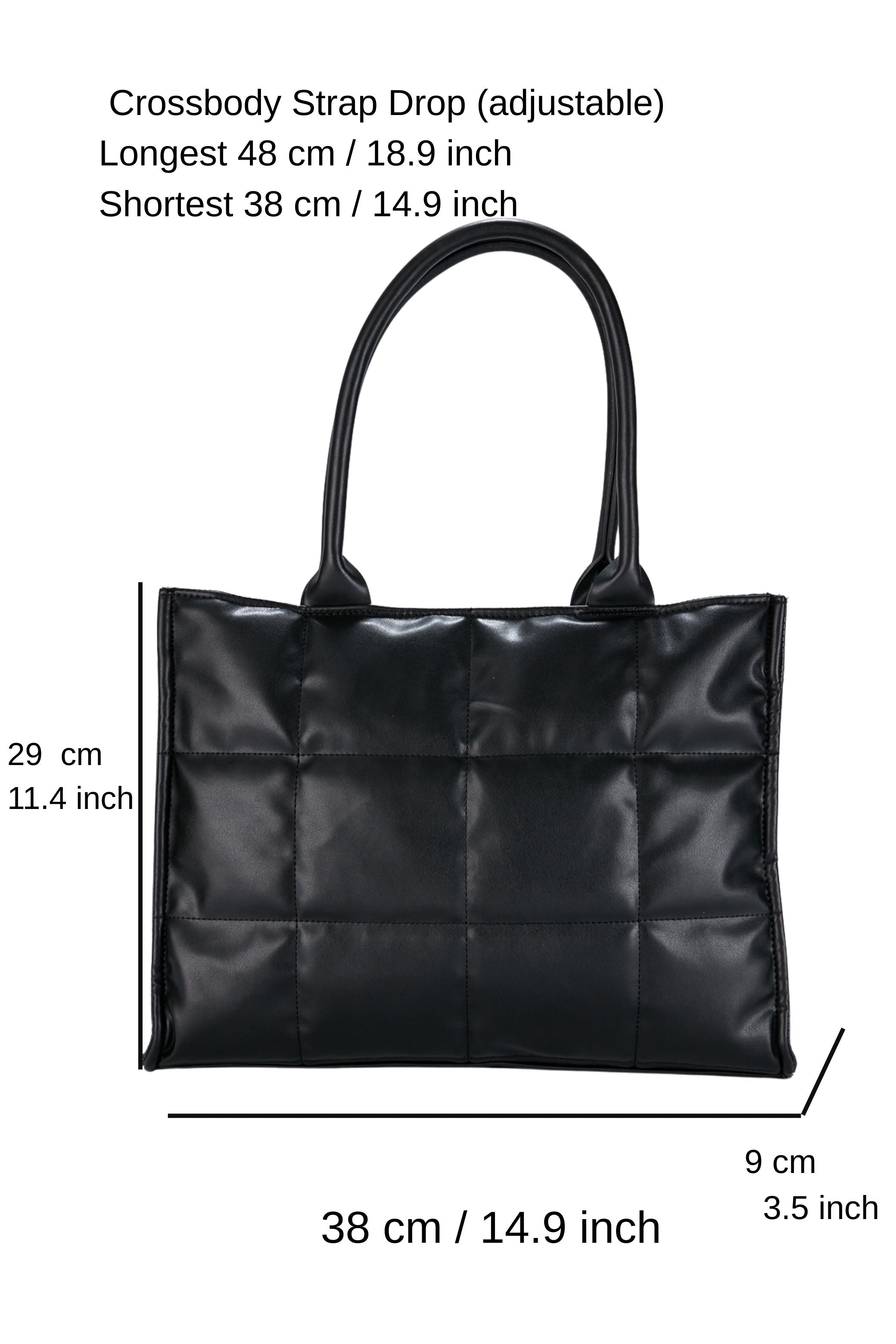 Quilted Pu Leather Tote Bag with Detachable Strap - Black