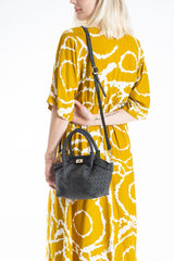 Woven Suede Top Handle Crossbody Bag with Twist Lock Detail - Black
