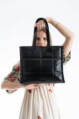Quilted Crinkle Patent Pu Leather Tote Bag - Black