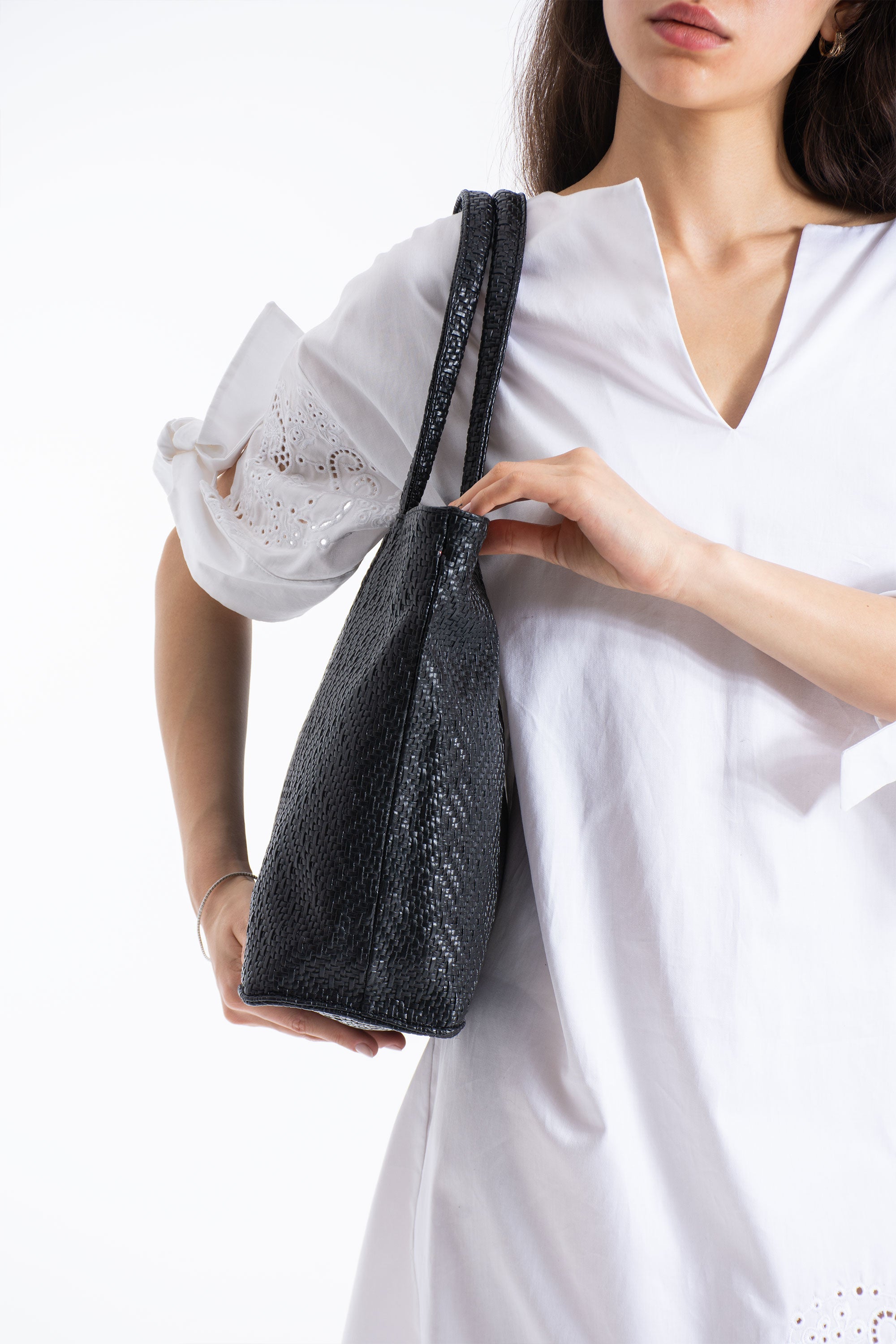 Woven Pu Leather Tote Bag with Matching Zipper Pouch 2PCS Set - Black