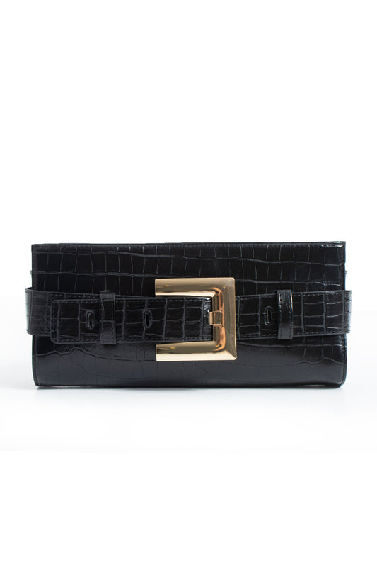 Croc PU Leather Shoulder & Clutch Bag with Large Gold Buckle - Black