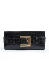 Croc PU Leather Shoulder & Clutch Bag with Large Gold Buckle - Black