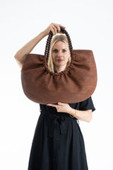 Woven PU Leather Slouchy Tote with Beaded Strap 2PCS Set - Brown