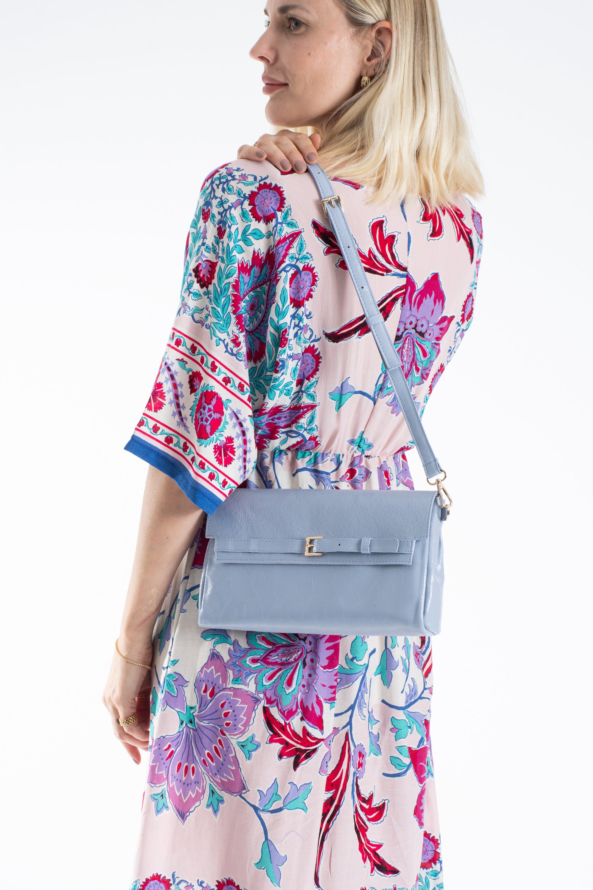 Crinkle Patent Flap Closure Wristlet & Clutc&Crossbody  3-in-1 Handbag - Blue