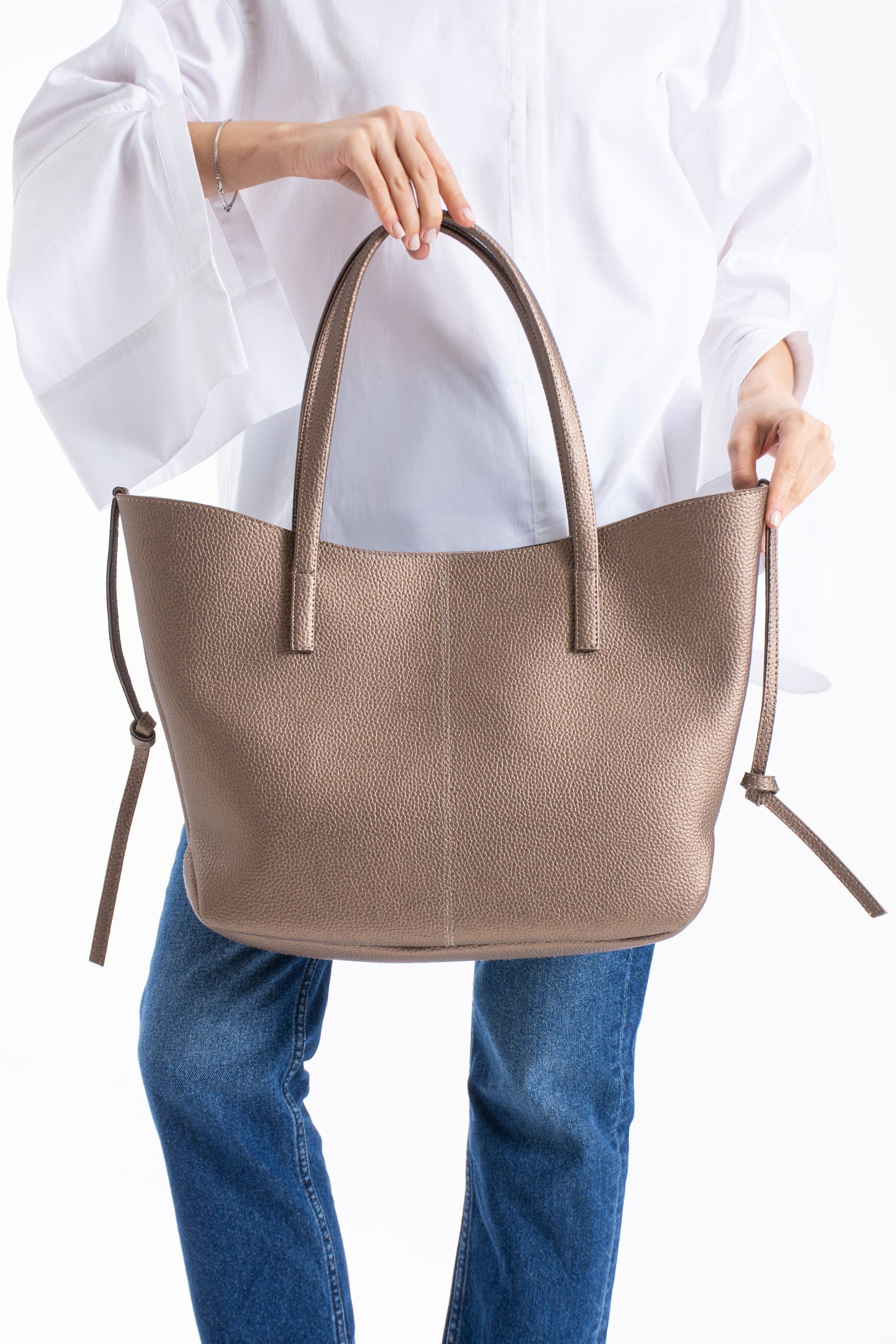 Grain Pu Leather Large Tote Bag with Matching Zipper Pouch  2PCS Set - Gold