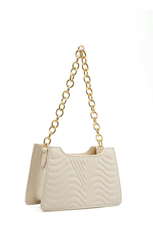 Embossed Pu Leather Chunky Chain Shoulder Bag - Cream