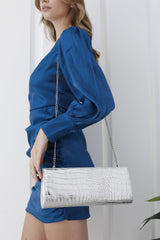 Croc Pu Leather Clutch Bag with Detachable Chain Strap - Silver