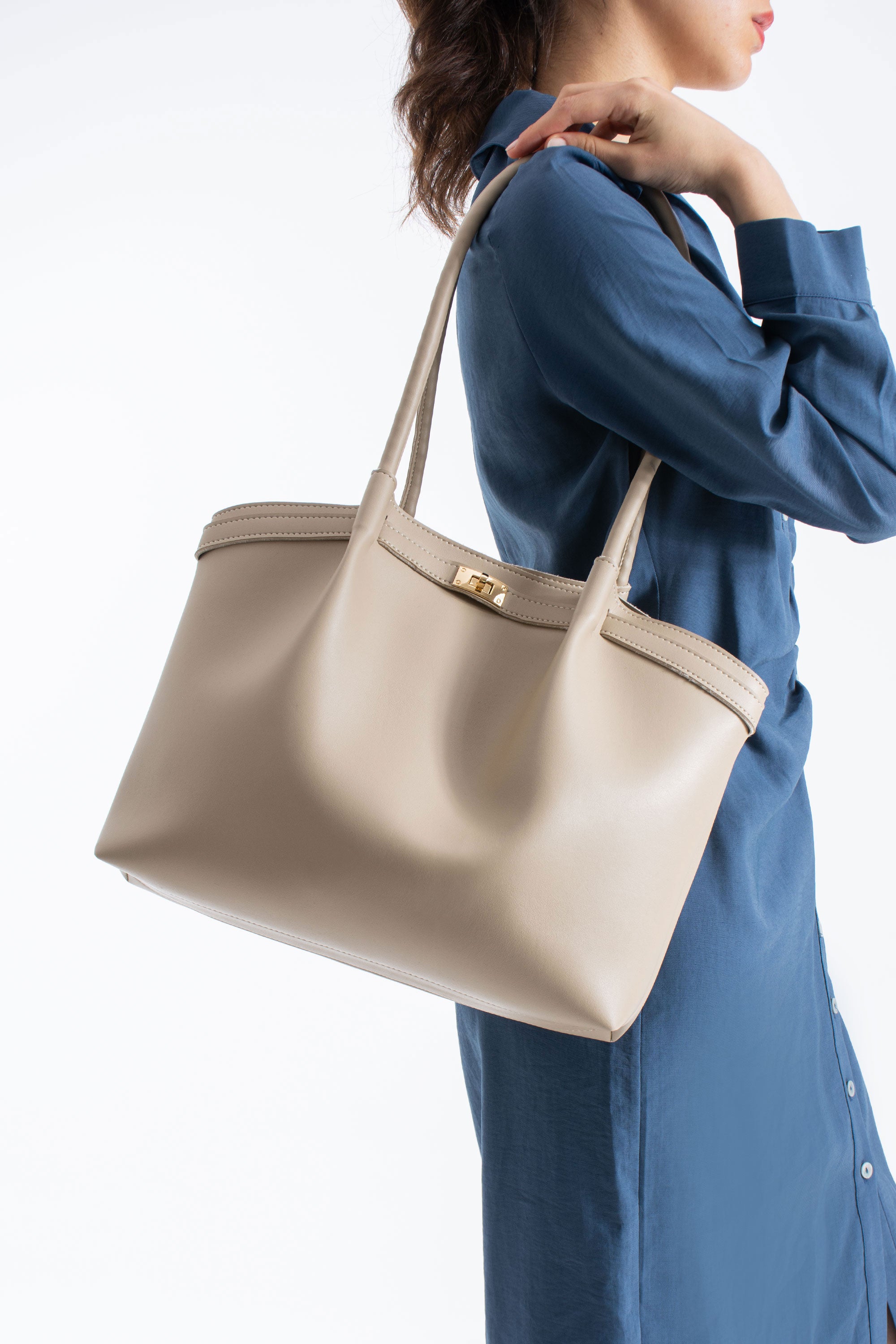 Large PU Leather Shopper Tote Bag with Matching Pouch - Beige