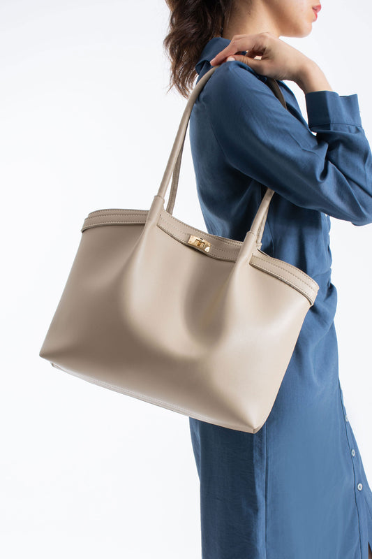 Large PU Leather Shopper Tote Bag with Matching Pouch - Beige