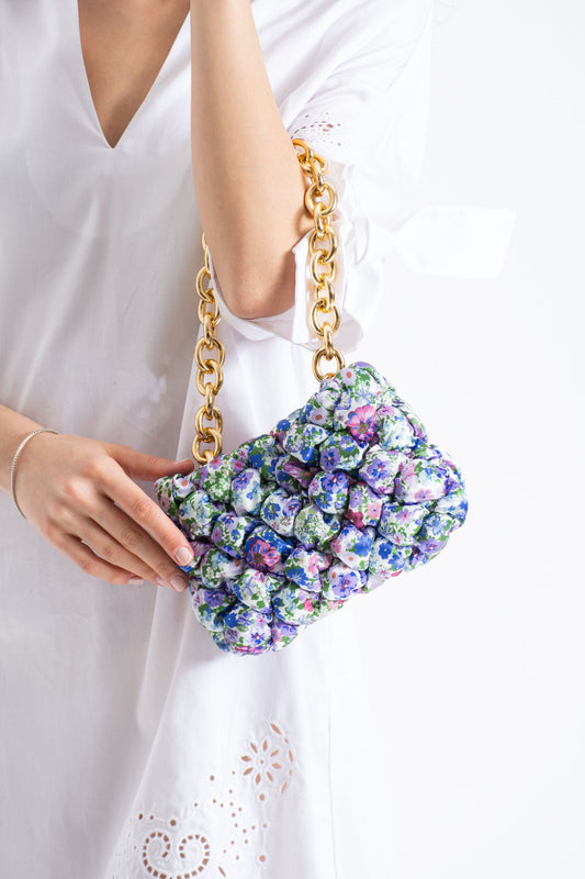 Floral Quilted Shoulder Grab  Bag with Gold Chain Strap - Multi