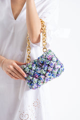 Floral Quilted Shoulder Grab  Bag with Gold Chain Strap - Multi