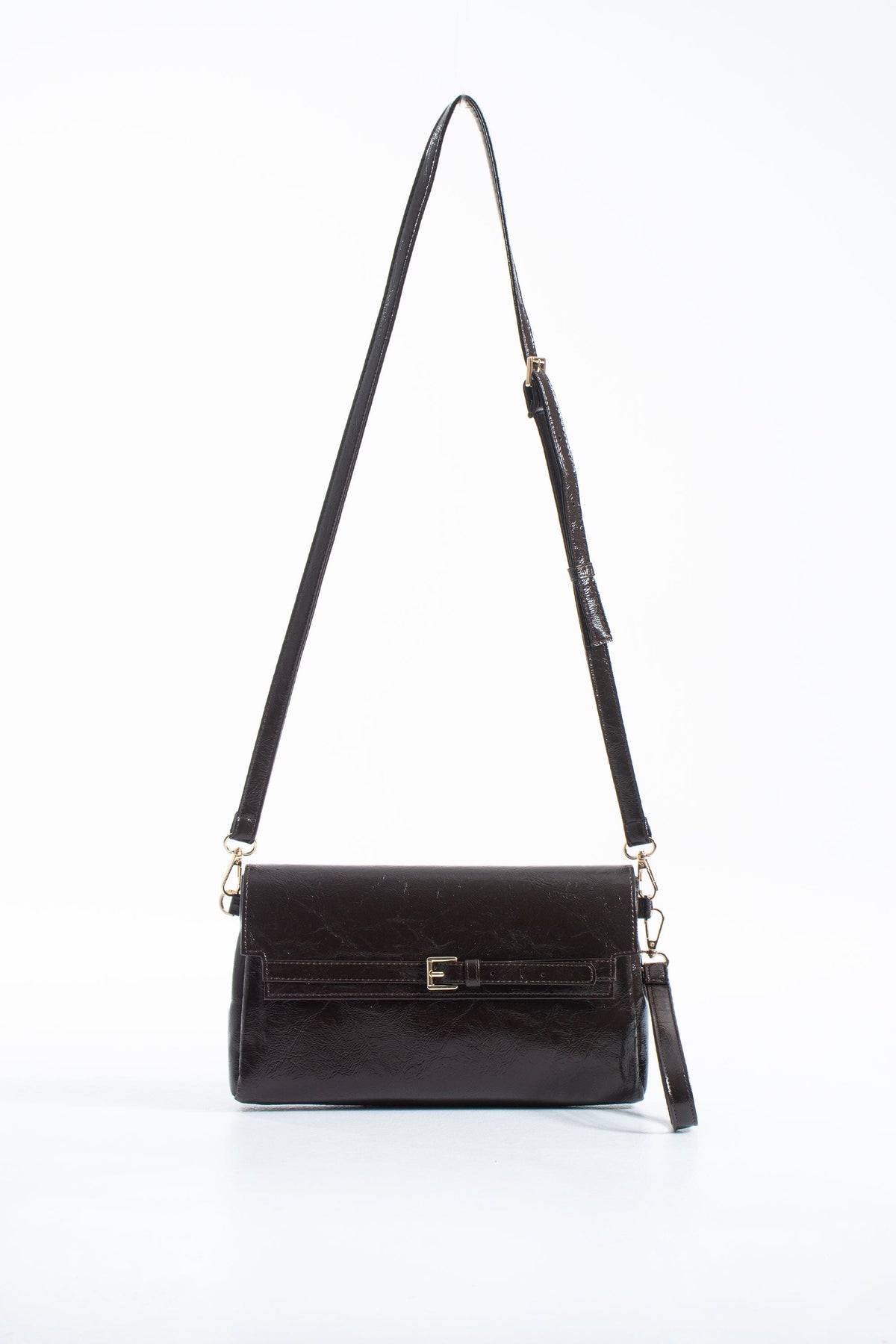 Crinkle Patent Flap Closure Wristlet & Clutc&Crossbody  3-in-1 Handbag - Brown