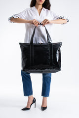 Metallic Finish Pu Leather Weekend Bag - Black