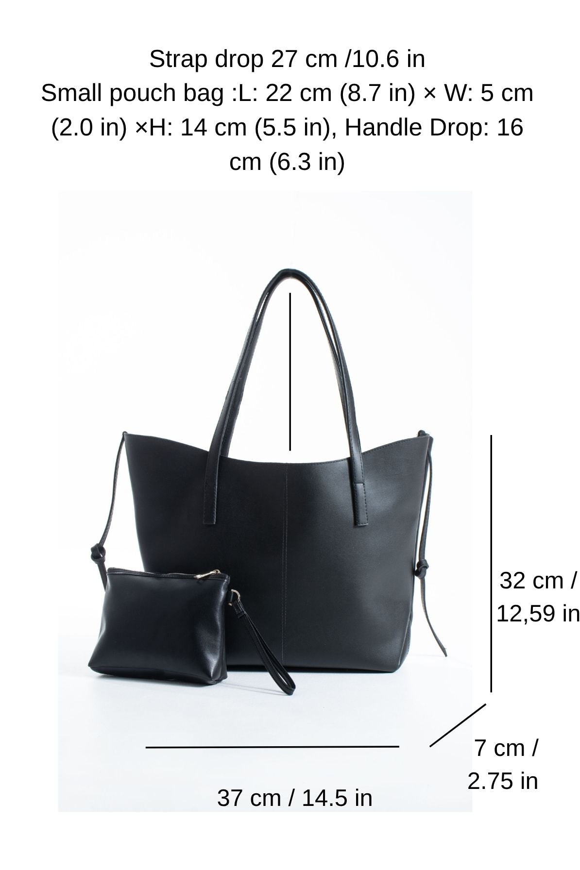Pu Leather Large Tote Bag with Matching Zipper Pouch  2PCS Set - Black