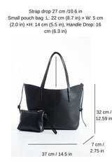 Pu Leather Large Tote Bag with Matching Zipper Pouch  2PCS Set - Black
