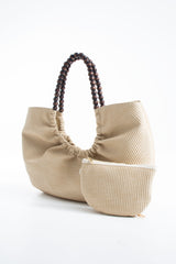 Woven PU Leather Slouchy Tote with Beaded Strap 2PCS Set - Cream