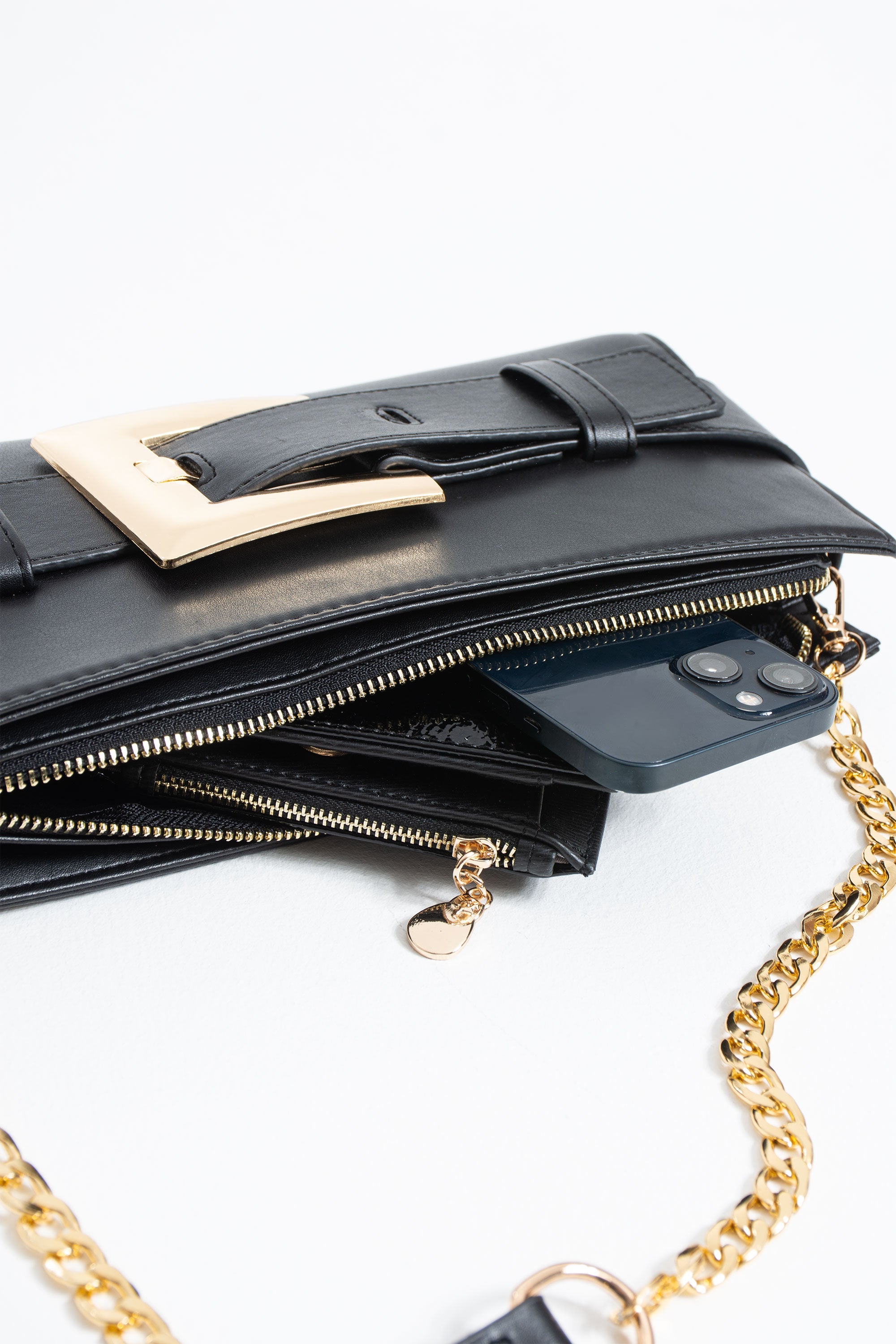PU Leather Shoulder & Clutch Bag with Large Gold Buckle - Black