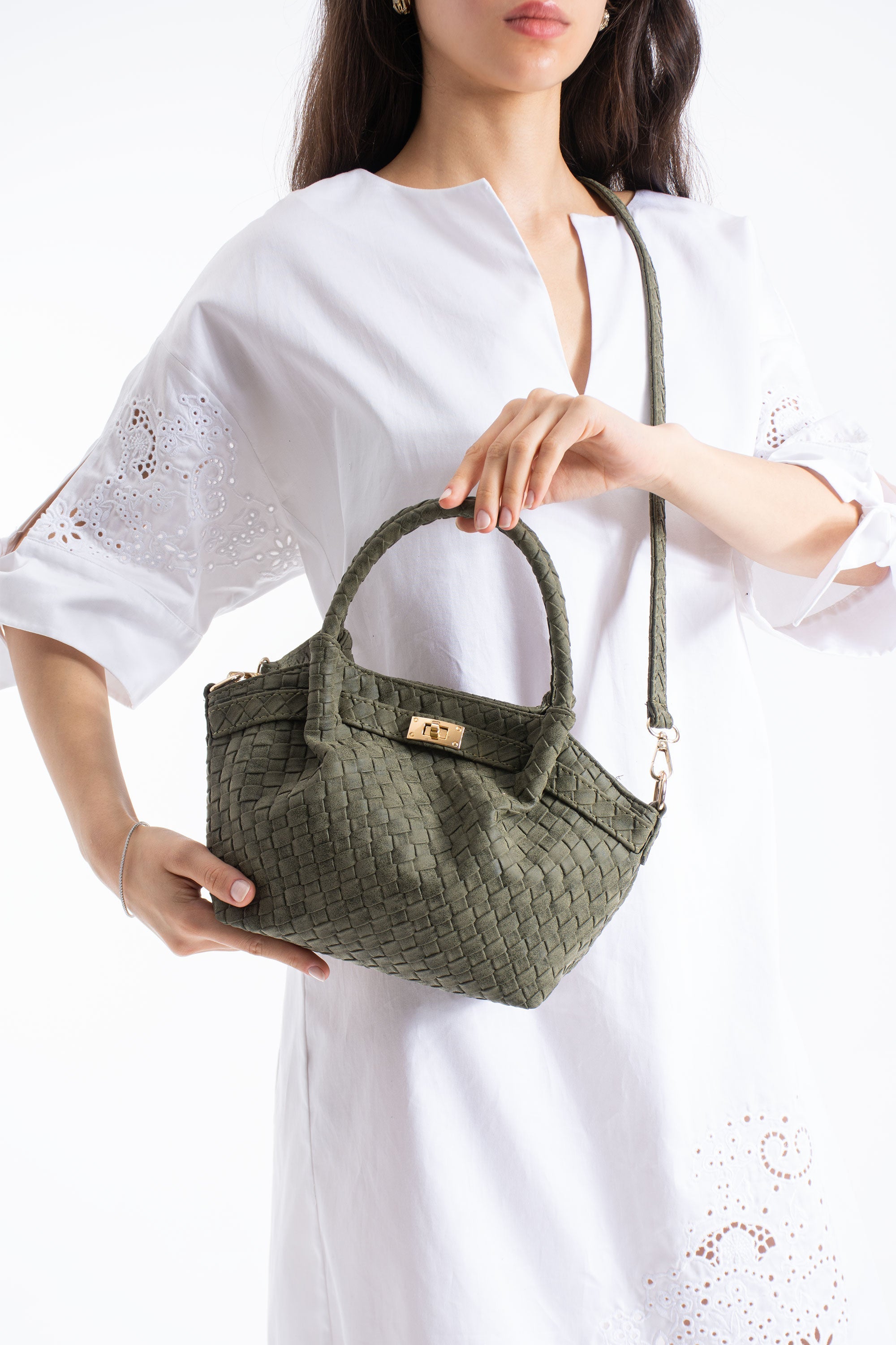Woven Suede Top Handle Crossbody Bag with Twist Lock Detail - Khaki