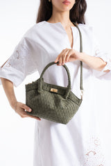 Woven Suede Top Handle Crossbody Bag with Twist Lock Detail - Khaki