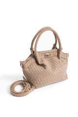Woven Suede Top Handle Crossbody Bag with Twist Lock Detail - Beige