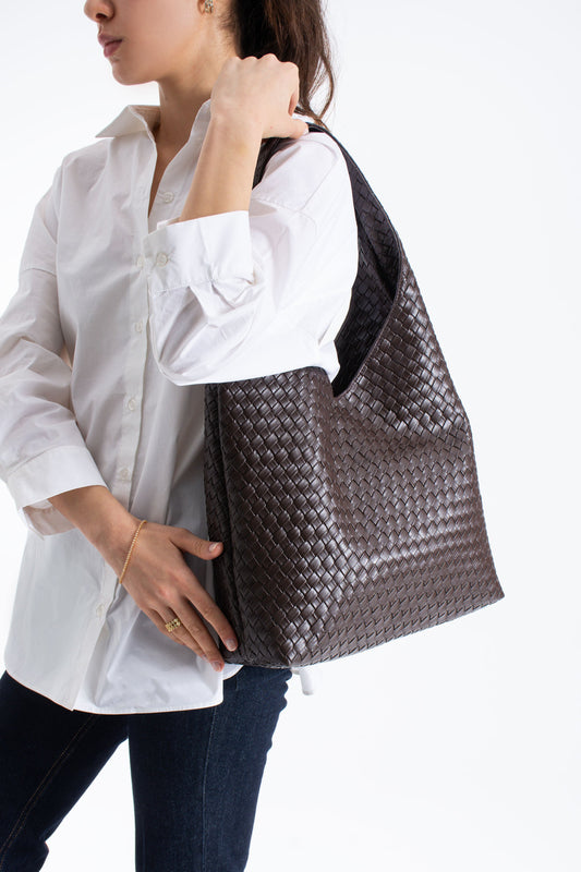 Braided Pu Leather  Slouchy Tote Bag - Brown
