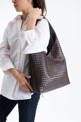 Woven Pu Leather  Slouchy Tote Bag - Brown