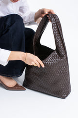 Woven Pu Leather  Slouchy Tote Bag - Brown