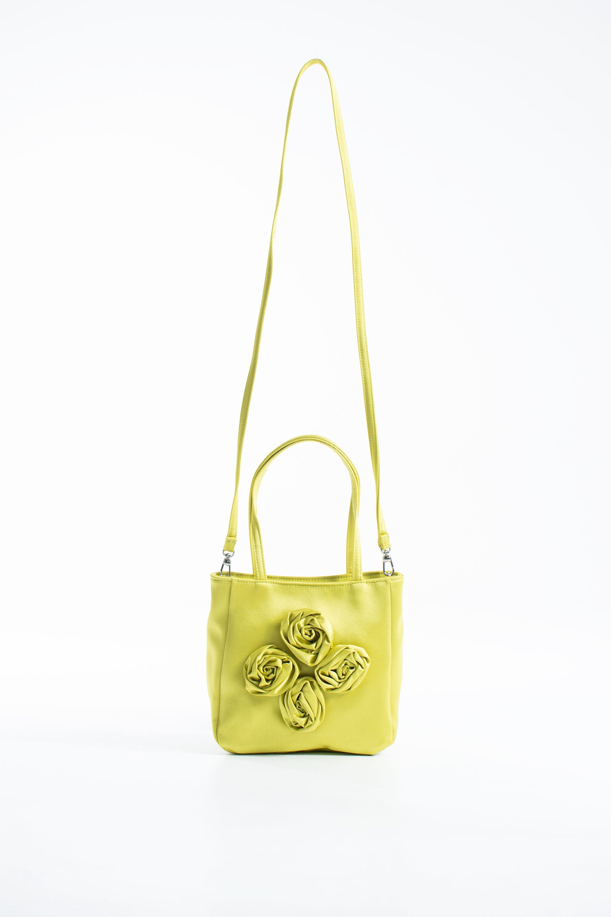 Floral Satin Handbag with Detachable Crossbody Strap - Lime