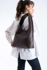 Woven Pu Leather  Slouchy Tote Bag - Brown