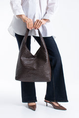Woven Pu Leather  Slouchy Tote Bag - Brown