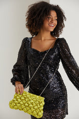 Puffy Quilted Satin Clucth Bag with Detachable Crossbody Strap - Lime