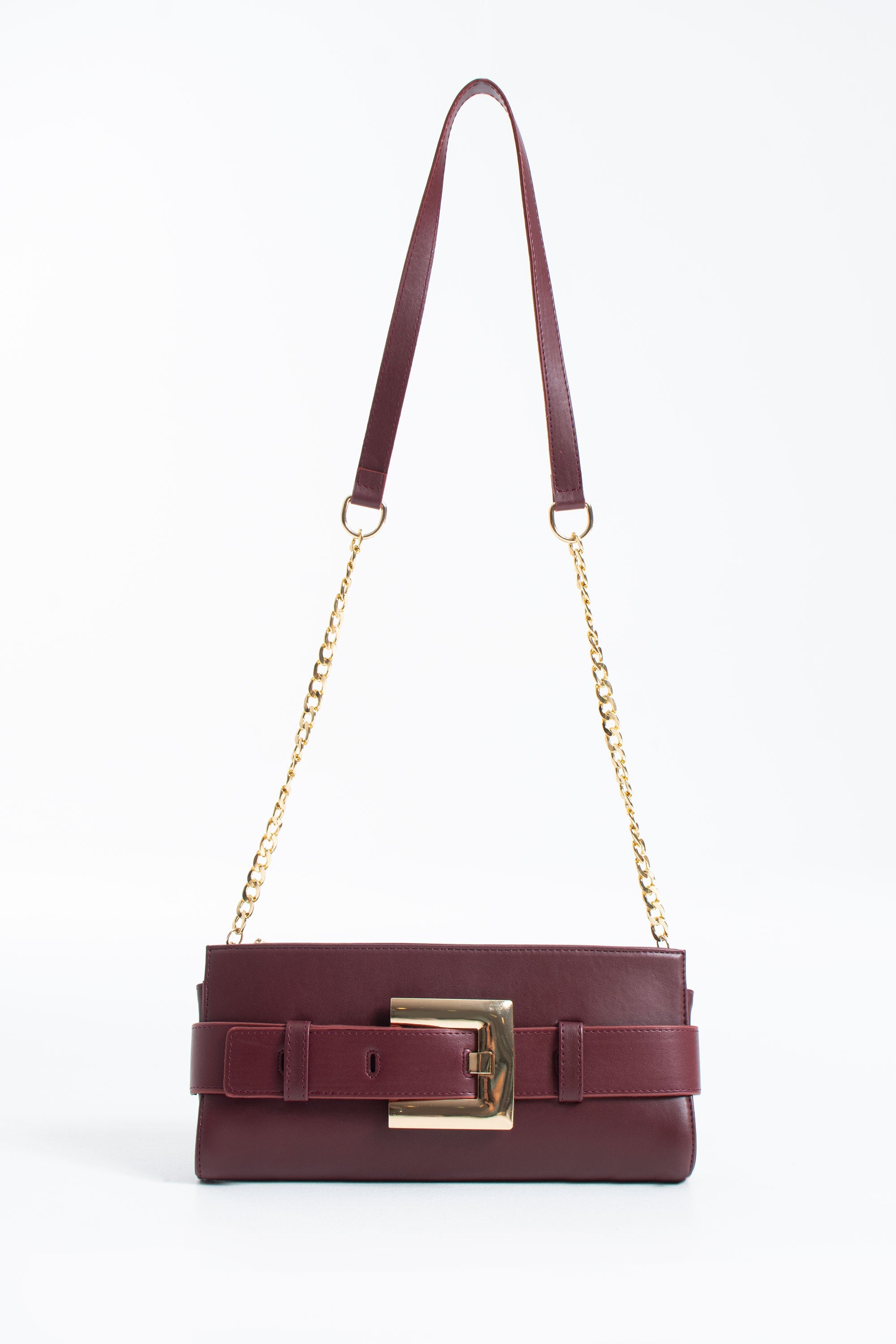 PU Leather Shoulder & Clutch Bag with Large Gold Buckle - Burgundy