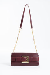 PU Leather Shoulder & Clutch Bag with Large Gold Buckle - Burgundy