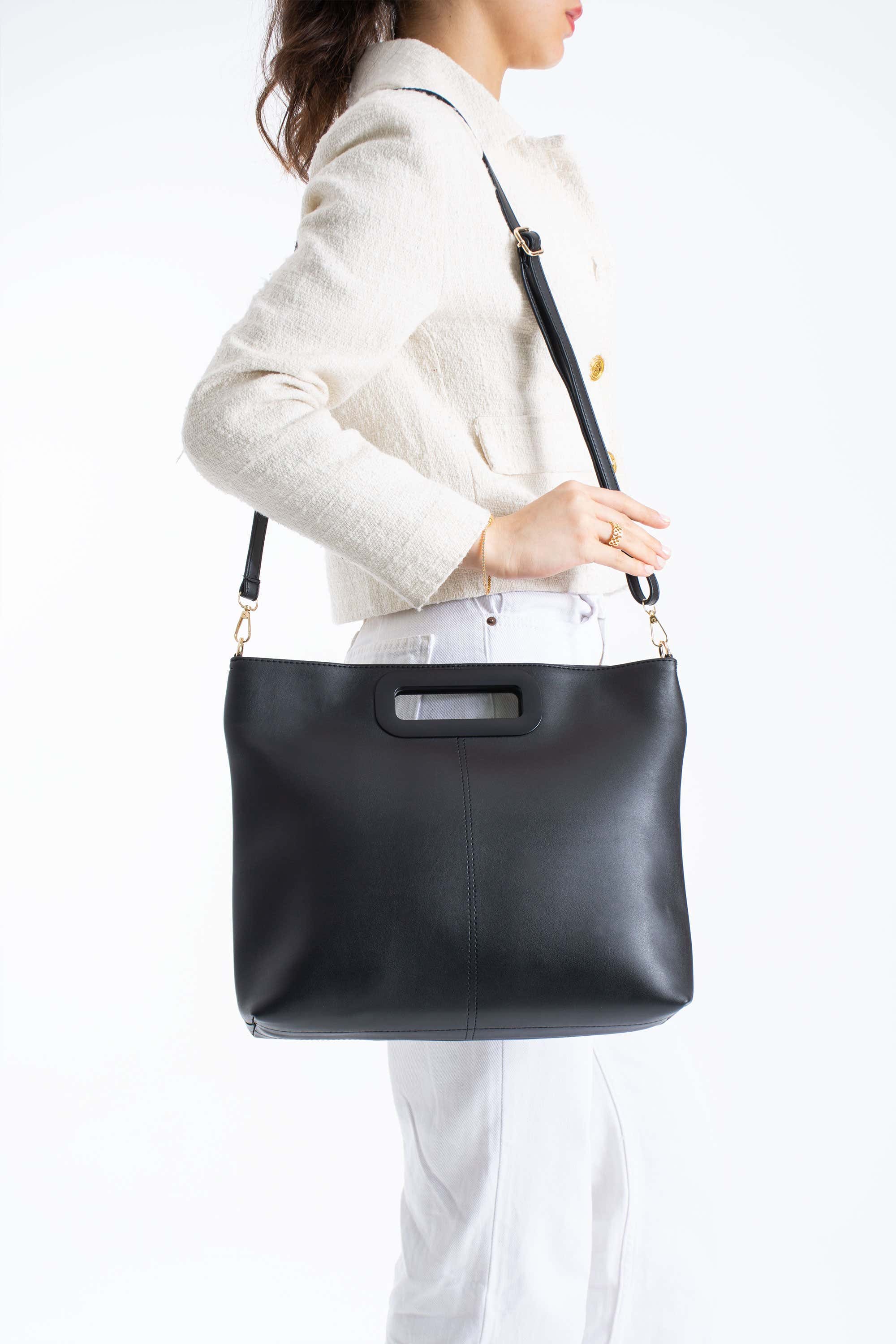 Handle Detail Pu Leather Large Handbag with Detachable Strap - Black