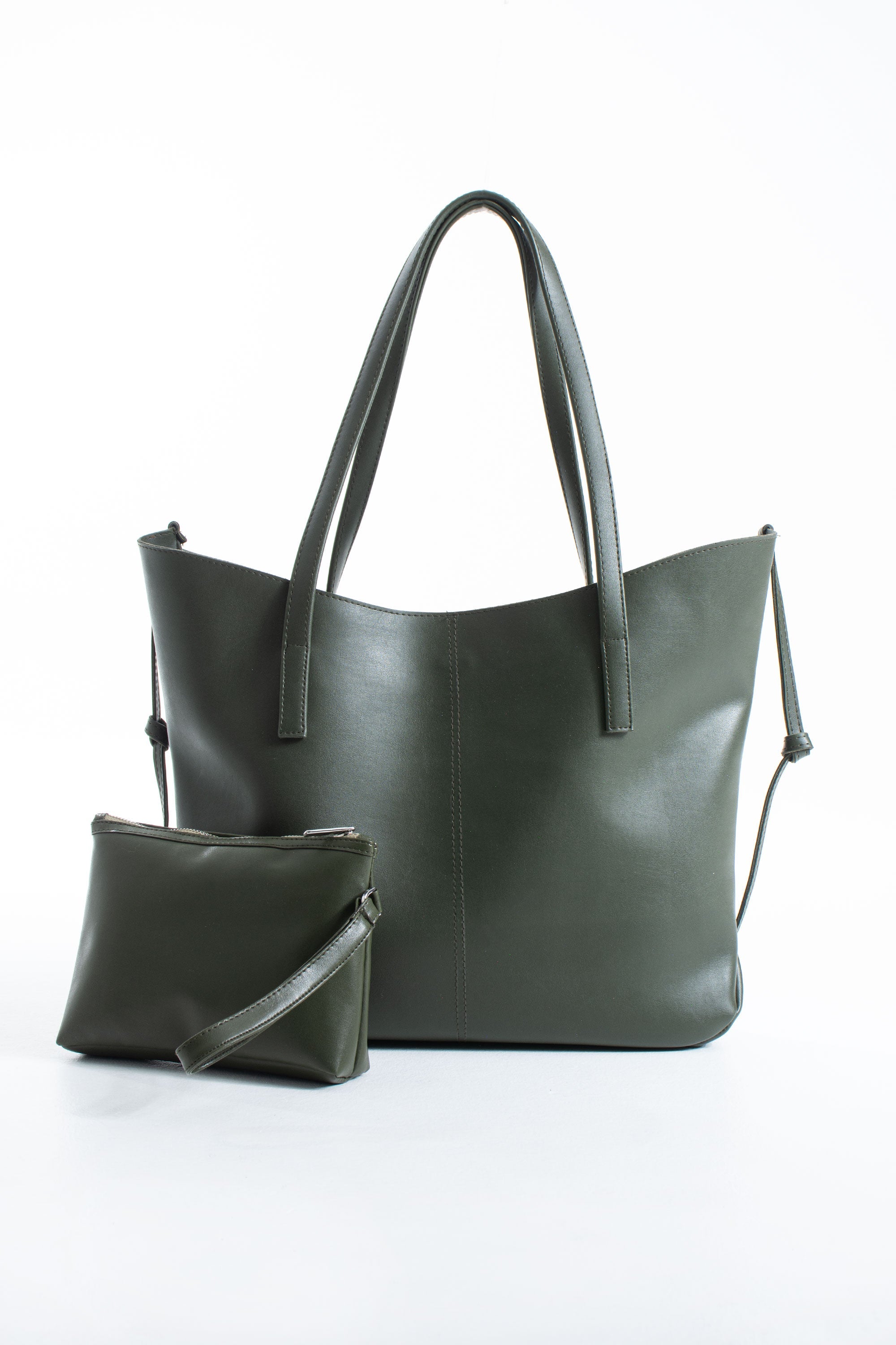 Pu Leather Large Tote Bag with Matching Zipper Pouch  2PCS Set - Green